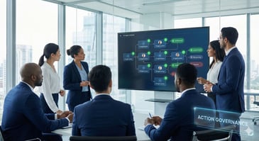 A diverse team of business professionals in a modern conference room reviewing a secure digital flowchart of authorized AI actions on a large screen, illustrating the implementation of Agentic AI Guardrails for enterprise governance