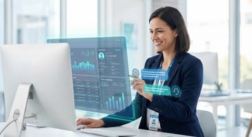 A professional healthcare administrator interacting with a modern, semi-transparent digital AI interface featuring patient data and chat bubbles, illustrating the transformation of customer service for healthcare through advanced technology.